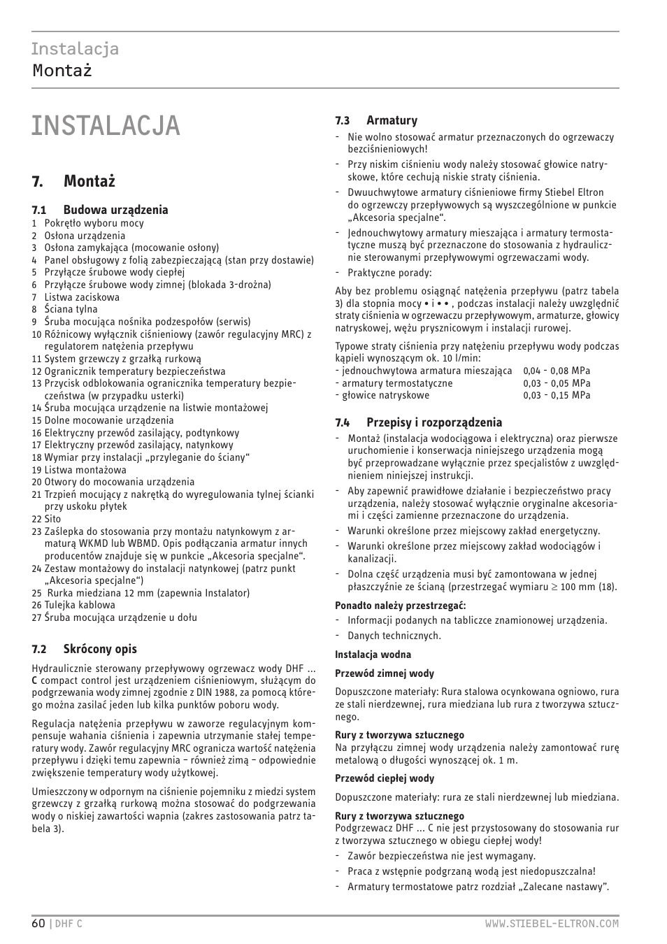 Instalacja, Instalacja montaż, Montaż | STIEBEL ELTRON DHF 12 - 24 C с 01.04.2007 User Manual | Page 64 / 103