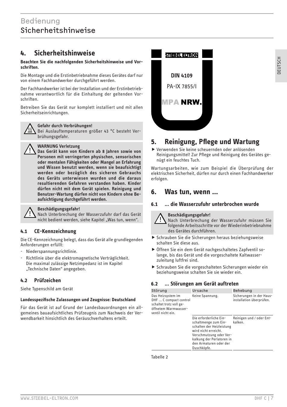 Bedienung sicherheitshinweise, Sicherheitshinweise, Reinigung, pflege und wartung | Was tun, wenn | STIEBEL ELTRON DHF 12 - 24 C с 01.04.2007 User Manual | Page 7 / 103