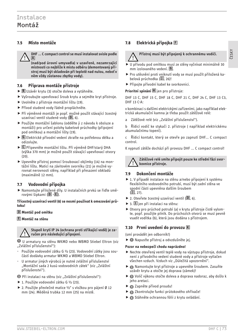 Instalace montáž, 5 místo montáže, 6 příprava montáže přístroje | 7 vodovodní přípojka, 8 elektrická přípojka, 9 dokončení montáže, 10 první uvedení do provozu | STIEBEL ELTRON DHF 12 - 24 C с 01.04.2007 User Manual | Page 76 / 103