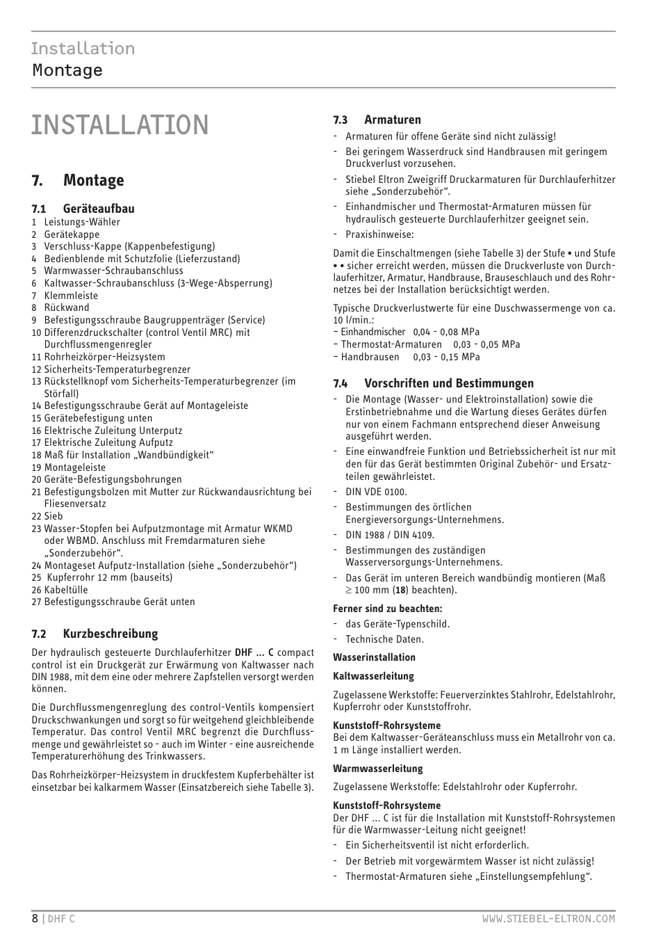 Installation, Installation montage, Montage | STIEBEL ELTRON DHF 12 - 24 C с 01.04.2007 User Manual | Page 8 / 103