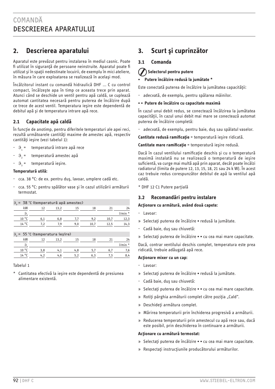Comandă descrierea aparatului, Descrierea aparatului, Scurt şi cuprinzător | 1 capacitate apă caldă, 1 comanda, 2 recomandări pentru instalare | STIEBEL ELTRON DHF 12 - 24 C с 01.04.2007 User Manual | Page 95 / 103