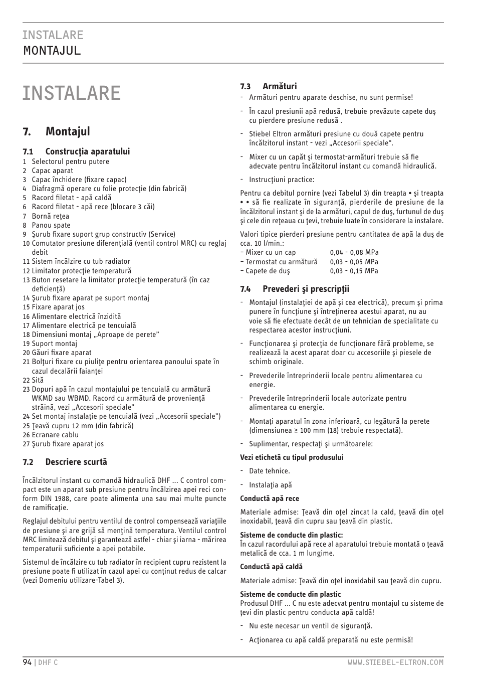 Instalare, Instalare montajul, Montajul | STIEBEL ELTRON DHF 12 - 24 C с 01.04.2007 User Manual | Page 97 / 103