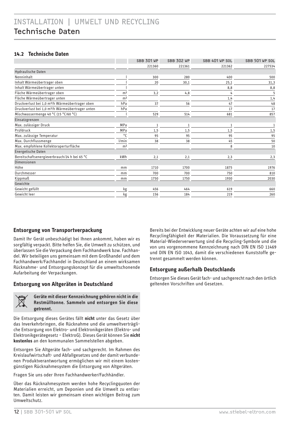 2 technische daten | STIEBEL ELTRON SBB WP SOL с 12.05.2008 User Manual | Page 12 / 80