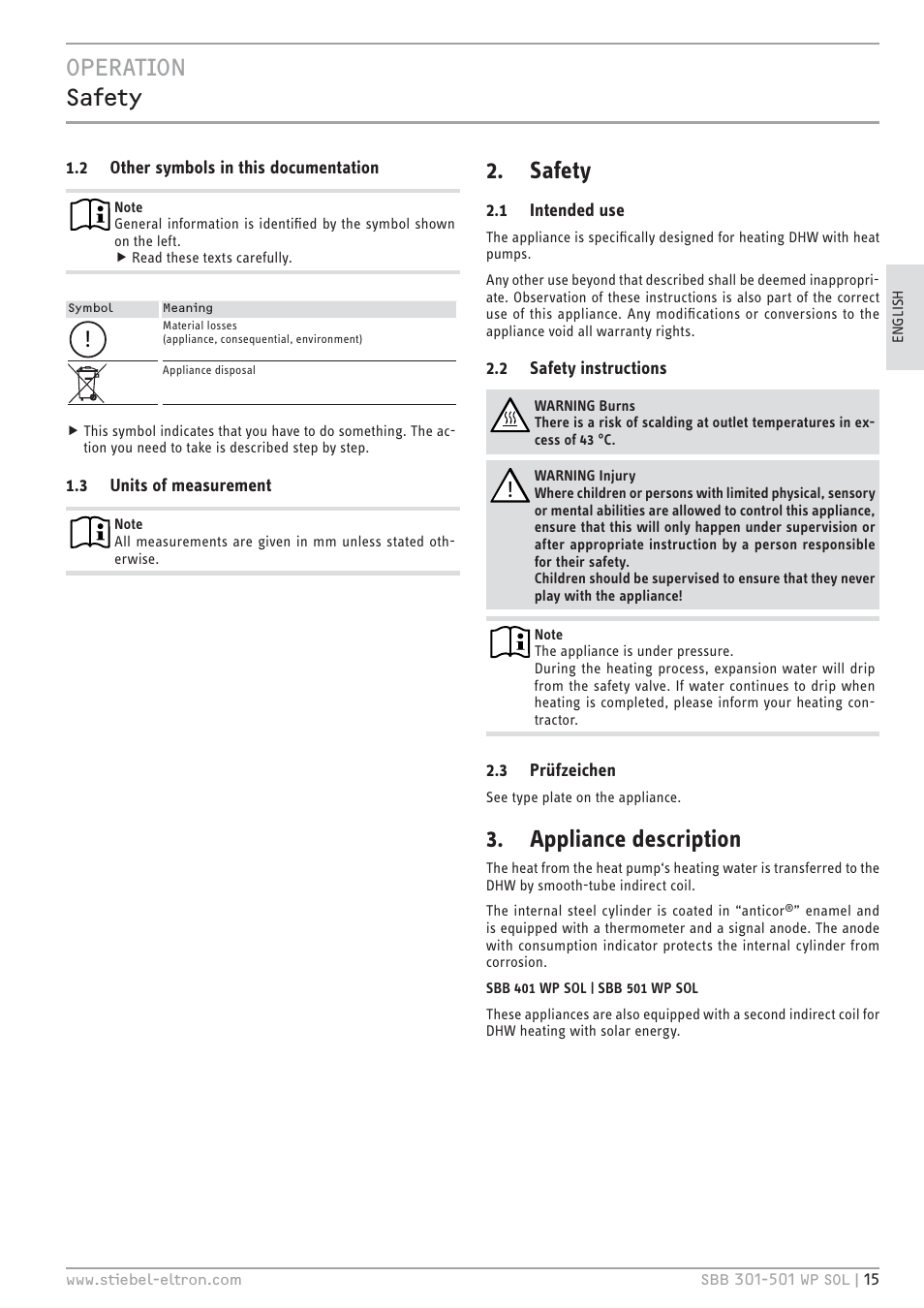 Htv`.hc z|ï¼œź, Safety, Appliance description | STIEBEL ELTRON SBB WP SOL с 12.05.2008 User Manual | Page 15 / 80