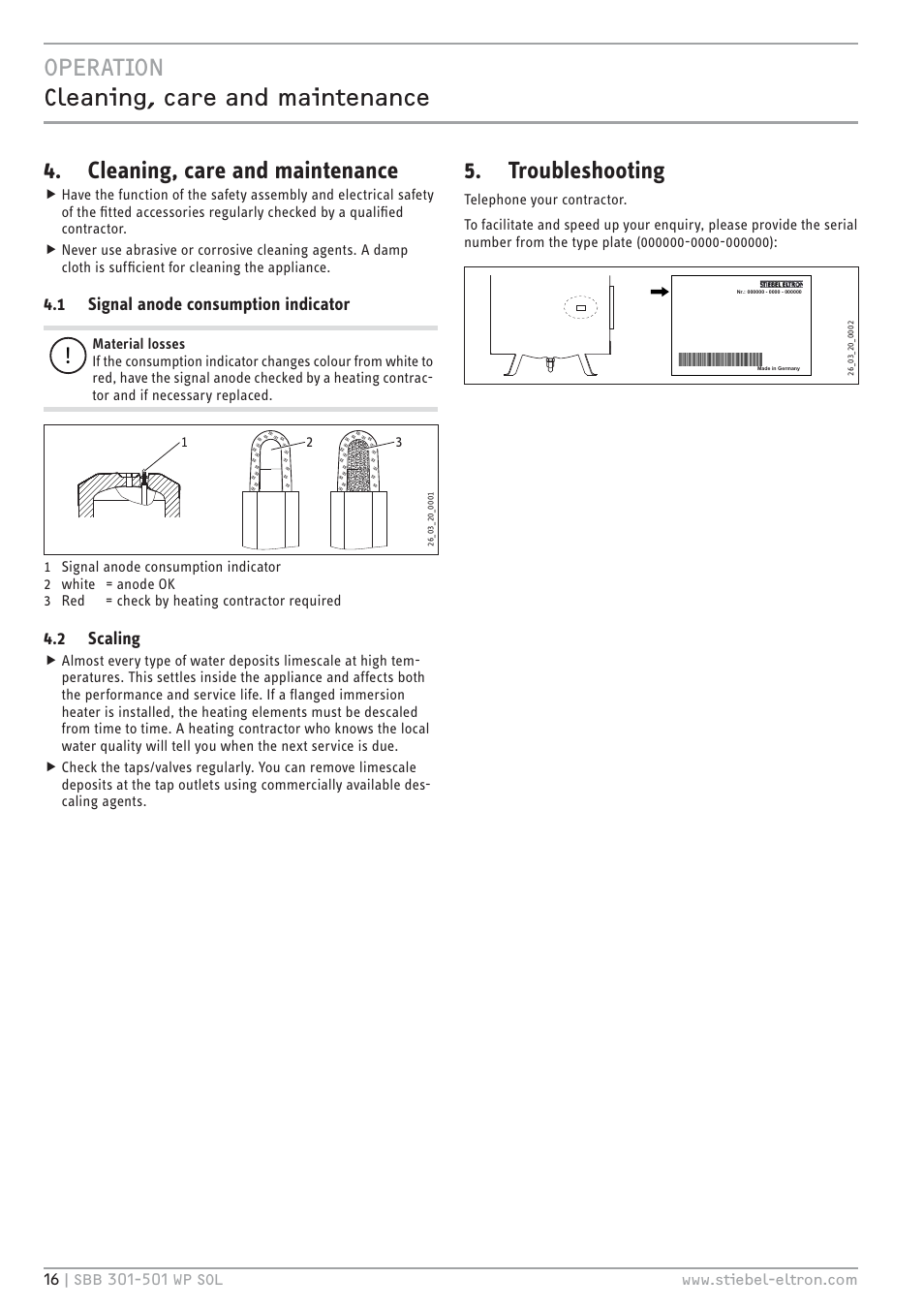 Htv`.hc ù¼|ĉêĉö© |ļ¼ |ĉ® ă|êĉœ¼ĉ|ĉ, Cleaning, care and maintenance, Troubleshooting | 1 signal anode consumption indicator, 2 scaling | STIEBEL ELTRON SBB WP SOL с 12.05.2008 User Manual | Page 16 / 80