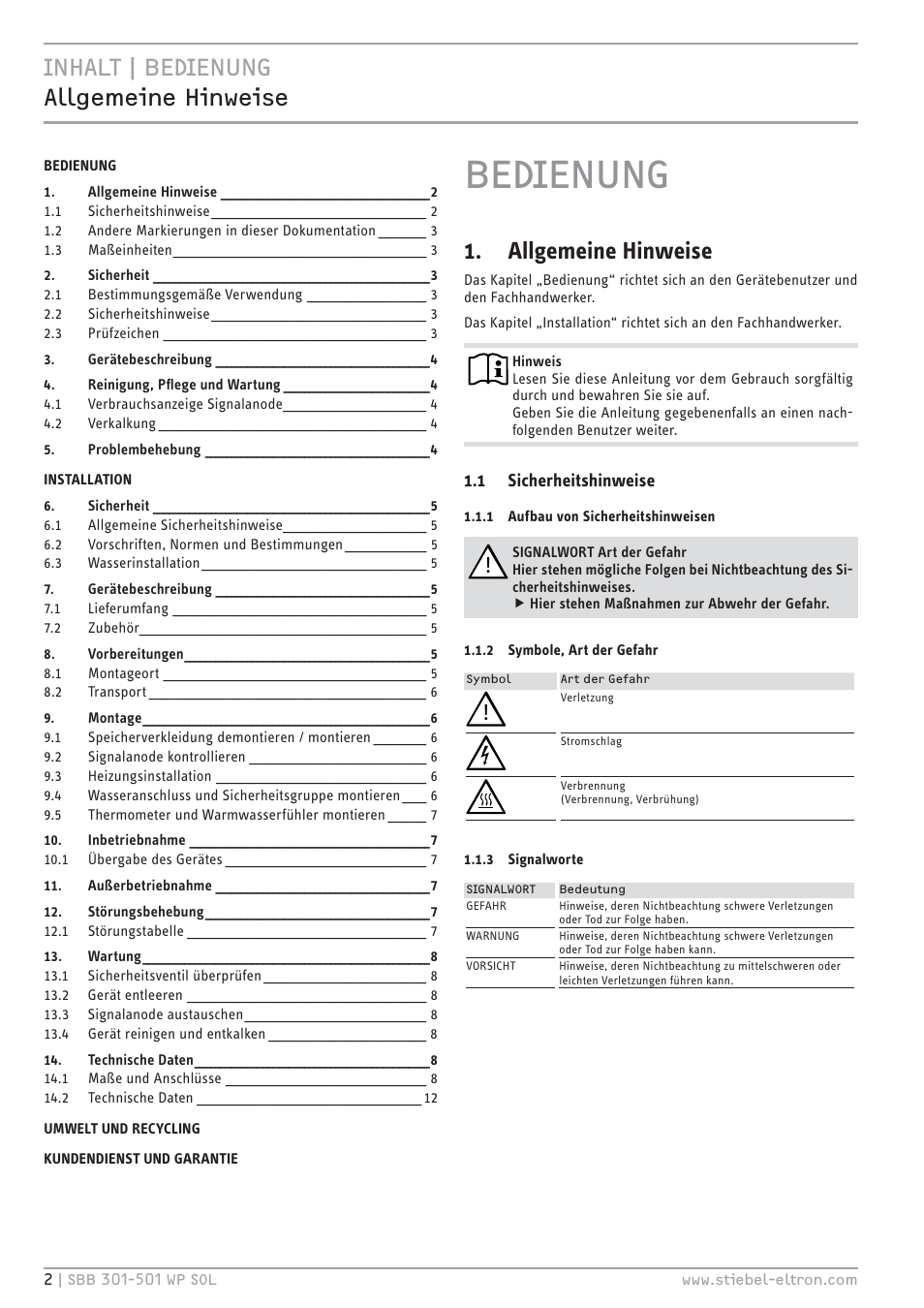 C+<` .cec& ùùö¼ă¼êĉ¼ +êĉŷ¼êń, Allgemeine hinweise | STIEBEL ELTRON SBB WP SOL с 12.05.2008 User Manual | Page 2 / 80