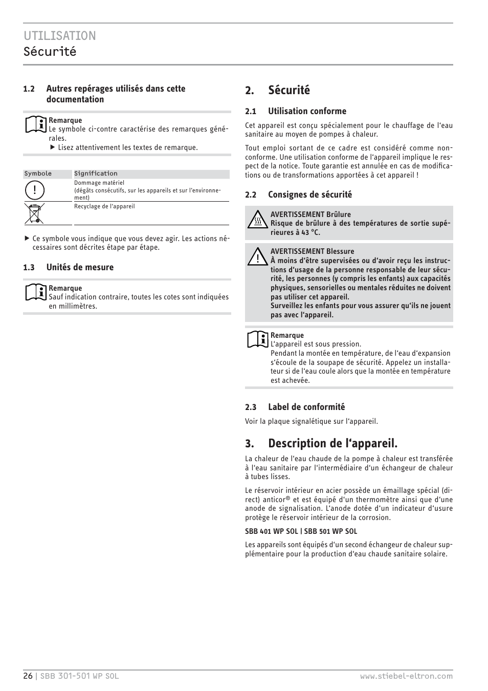 E`.<.z`.hc z½şļêœ, Sécurité, Description de l‘appareil | STIEBEL ELTRON SBB WP SOL с 12.05.2008 User Manual | Page 26 / 80