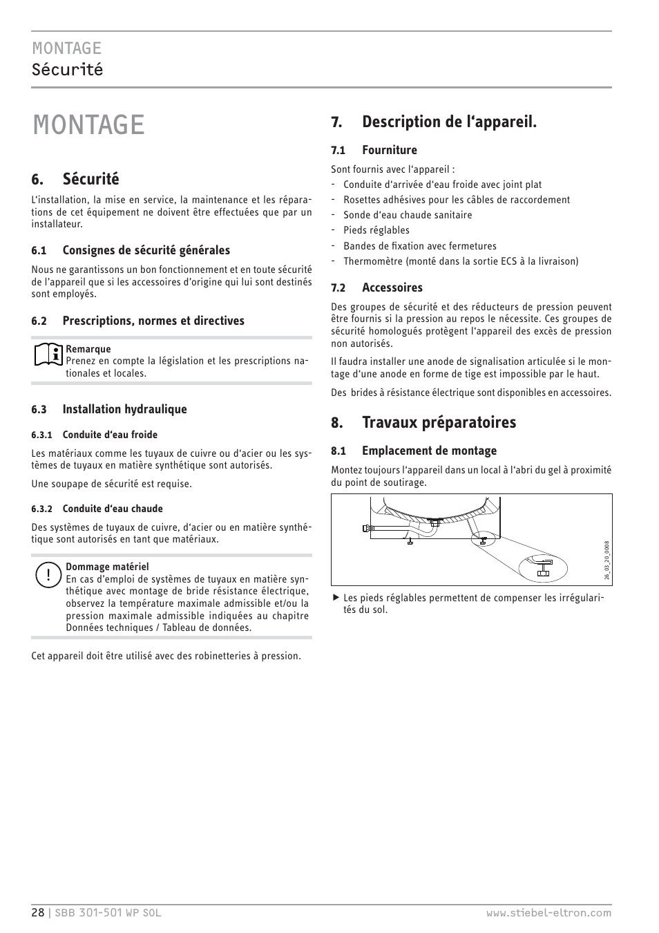 Bhc`& z½şļêœ, Sécurité, Description de l‘appareil | Travaux préparatoires | STIEBEL ELTRON SBB WP SOL с 12.05.2008 User Manual | Page 28 / 80