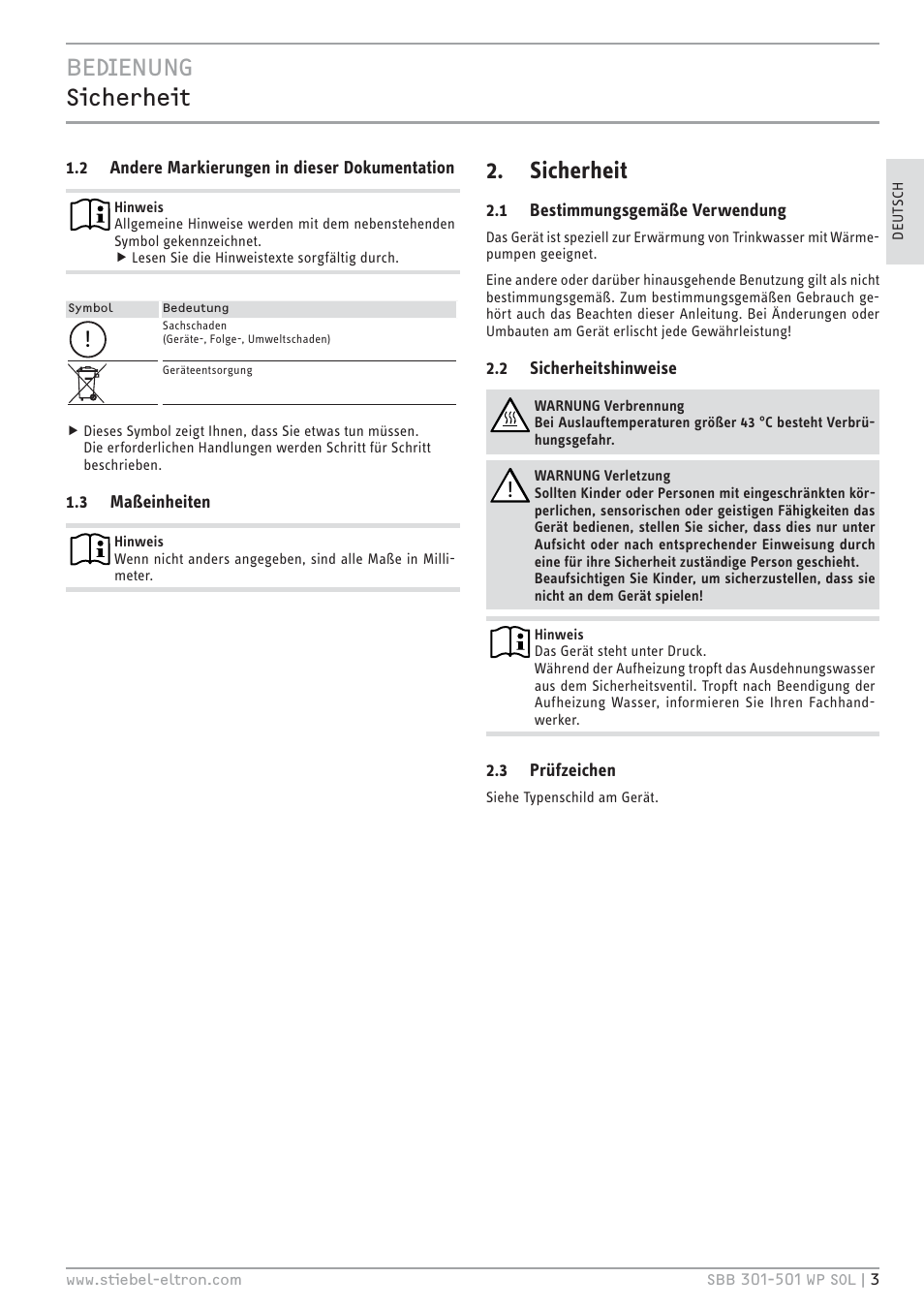 Cec& zкд¼ļд¼кœ, Sicherheit | STIEBEL ELTRON SBB WP SOL с 12.05.2008 User Manual | Page 3 / 80