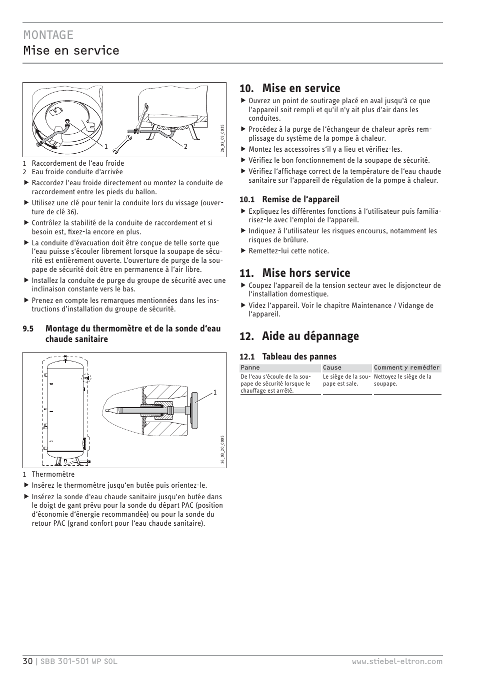 Bhc`& bêń¼ ¼ĉ ń¼ļŷê, Mise en service, Mise hors service | Aide au dépannage, 1 remise de l‘appareil, 1 tableau des pannes | STIEBEL ELTRON SBB WP SOL с 12.05.2008 User Manual | Page 30 / 80