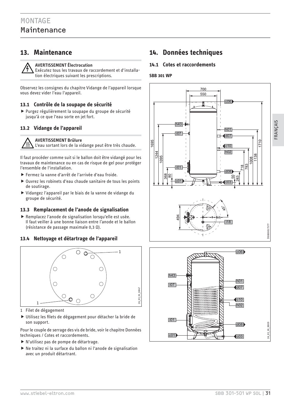 Bhc`& b|êĉœ¼ĉ|ĉ¼ 13. maintenance, Données techniques, 1 contrôle de la soupape de sécurité | 2 vidange de l‘appareil, 3 remplacement de l‘anode de signalisation, 4 nettoyage et détartrage de l‘appareil, 1 cotes et raccordements | STIEBEL ELTRON SBB WP SOL с 12.05.2008 User Manual | Page 31 / 80