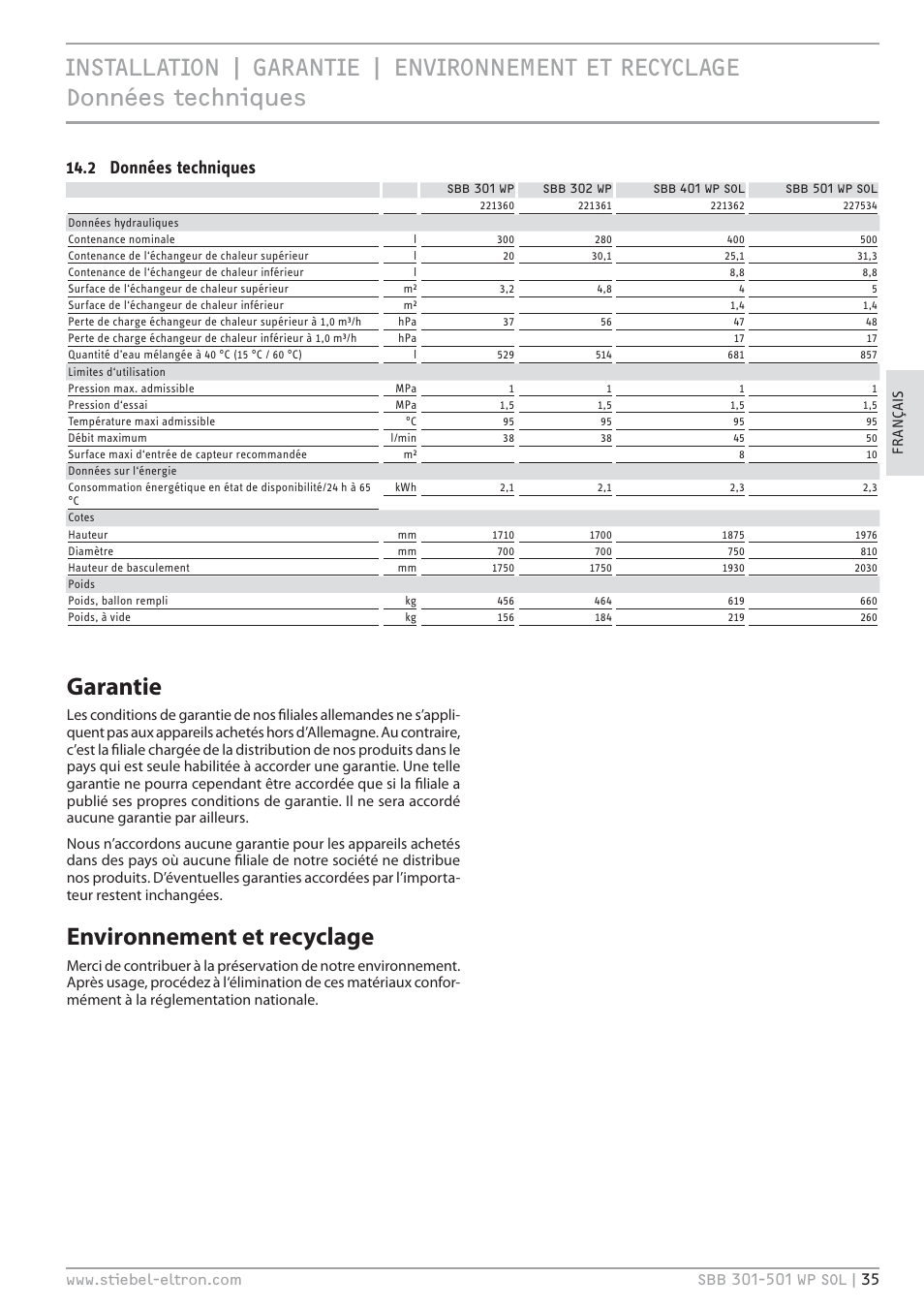 Garantie, Environnement et recyclage, 2 données techniques | STIEBEL ELTRON SBB WP SOL с 12.05.2008 User Manual | Page 35 / 80