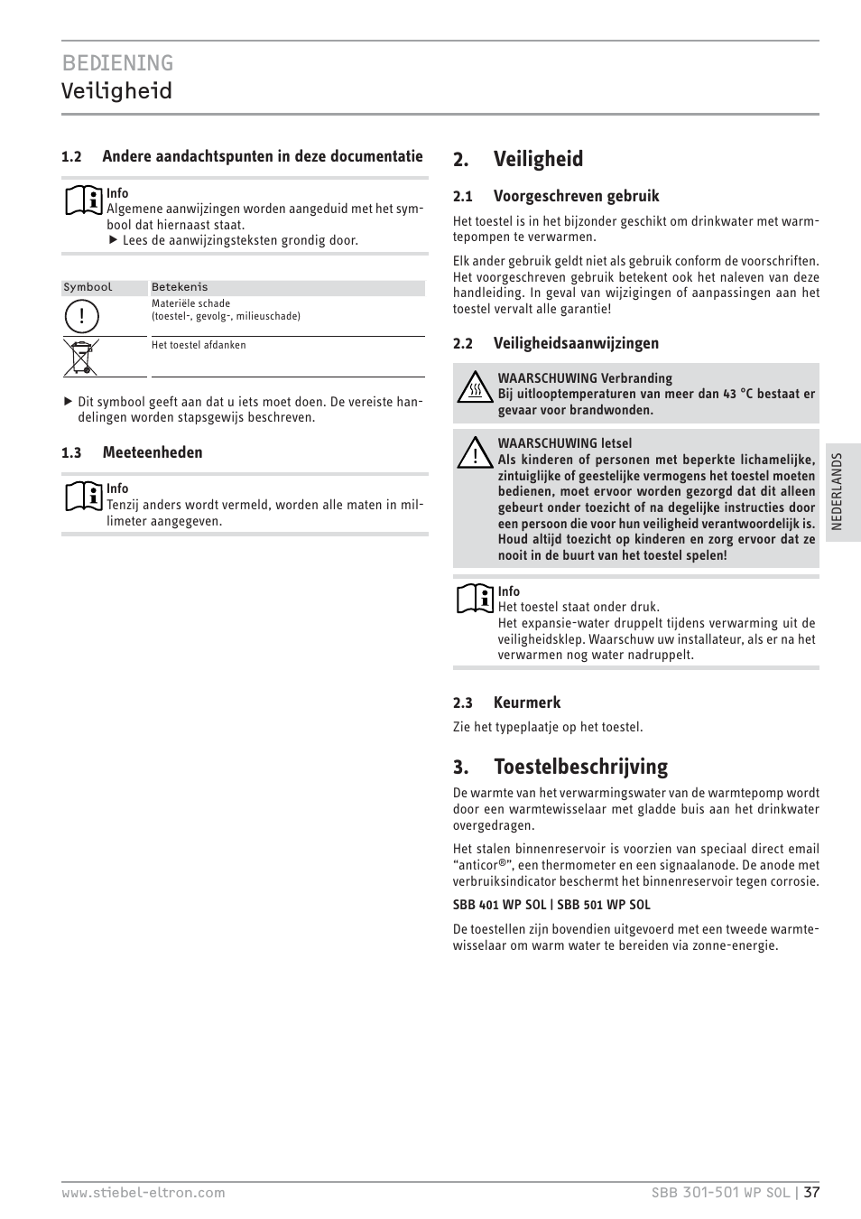 C.c& p¼кщкцд¼к, Veiligheid, Toestelbeschrijving | STIEBEL ELTRON SBB WP SOL с 12.05.2008 User Manual | Page 37 / 80