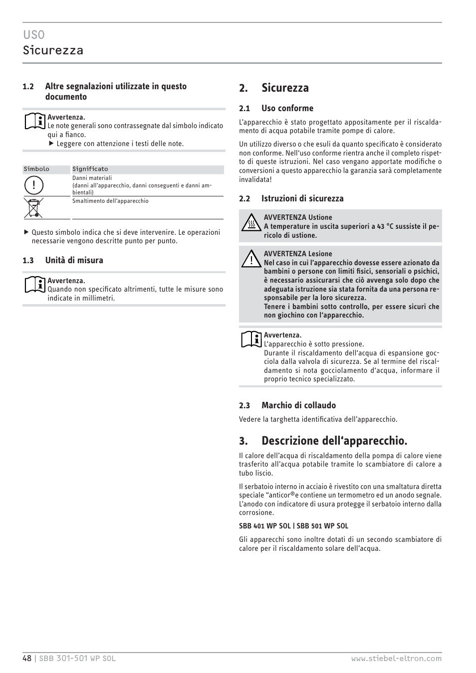 Ezh zêşļ¼ſſ, Sicurezza, Descrizione dell‘apparecchio | STIEBEL ELTRON SBB WP SOL с 12.05.2008 User Manual | Page 48 / 80