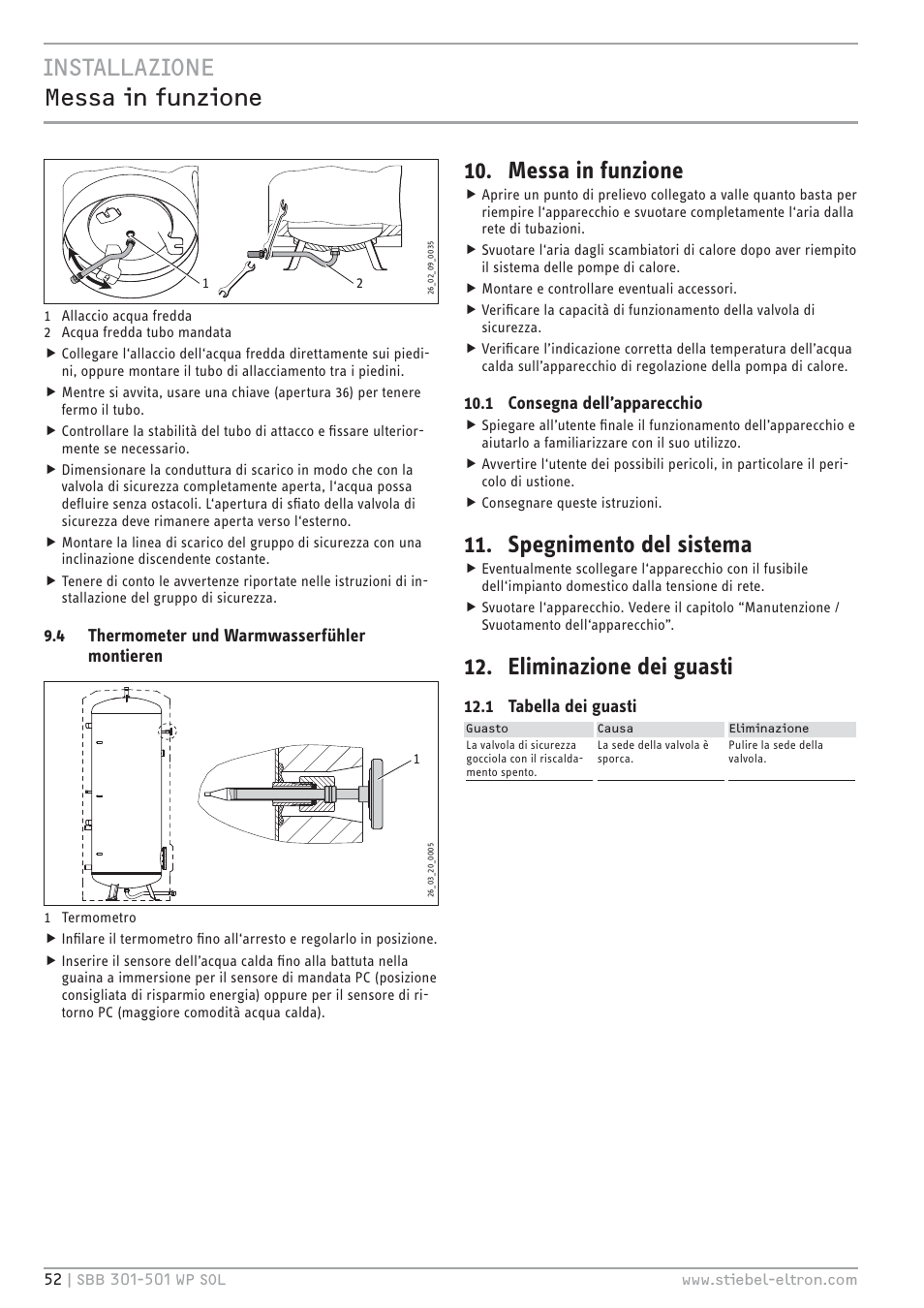 Cz`<<x.hc b¼ńń| êĉ ïşĉſêēĉ, Messa in funzione, Spegnimento del sistema | Eliminazione dei guasti, 4 thermometer und warmwasserfühler montieren, 1 consegna dell’apparecchio, 1 tabella dei guasti | STIEBEL ELTRON SBB WP SOL с 12.05.2008 User Manual | Page 52 / 80