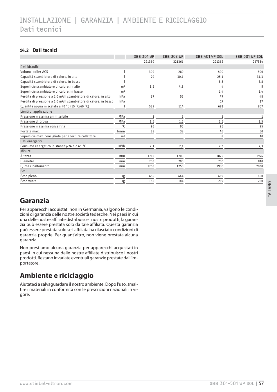 Garanzia, Ambiente e riciclaggio, 2 dati tecnici | STIEBEL ELTRON SBB WP SOL с 12.05.2008 User Manual | Page 57 / 80