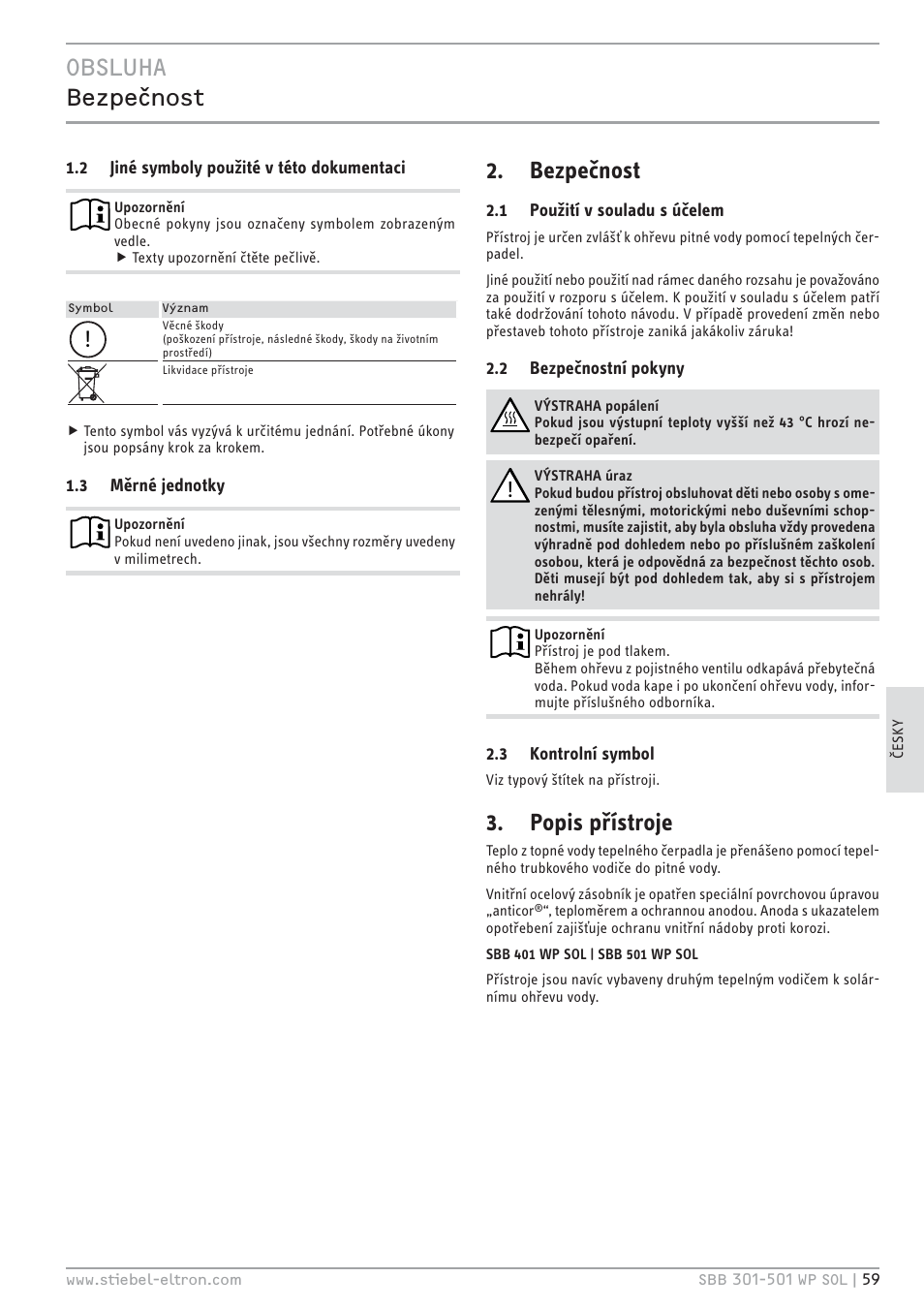 H z<e+ ¼ſĥ¼ ĉēńœ, Bezpečnost, Popis přístroje | STIEBEL ELTRON SBB WP SOL с 12.05.2008 User Manual | Page 59 / 80