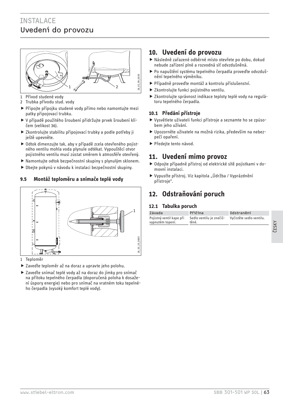 Cz`< eŷ¼®¼ĉë ®ē ĥļēŷēſş, Uvedení do provozu, Uvedení mimo provoz | Odstraňování poruch, 5 montáž teploměru a snímače teplé vody, 1 předání přístroje, 1 tabulka poruch | STIEBEL ELTRON SBB WP SOL с 12.05.2008 User Manual | Page 63 / 80