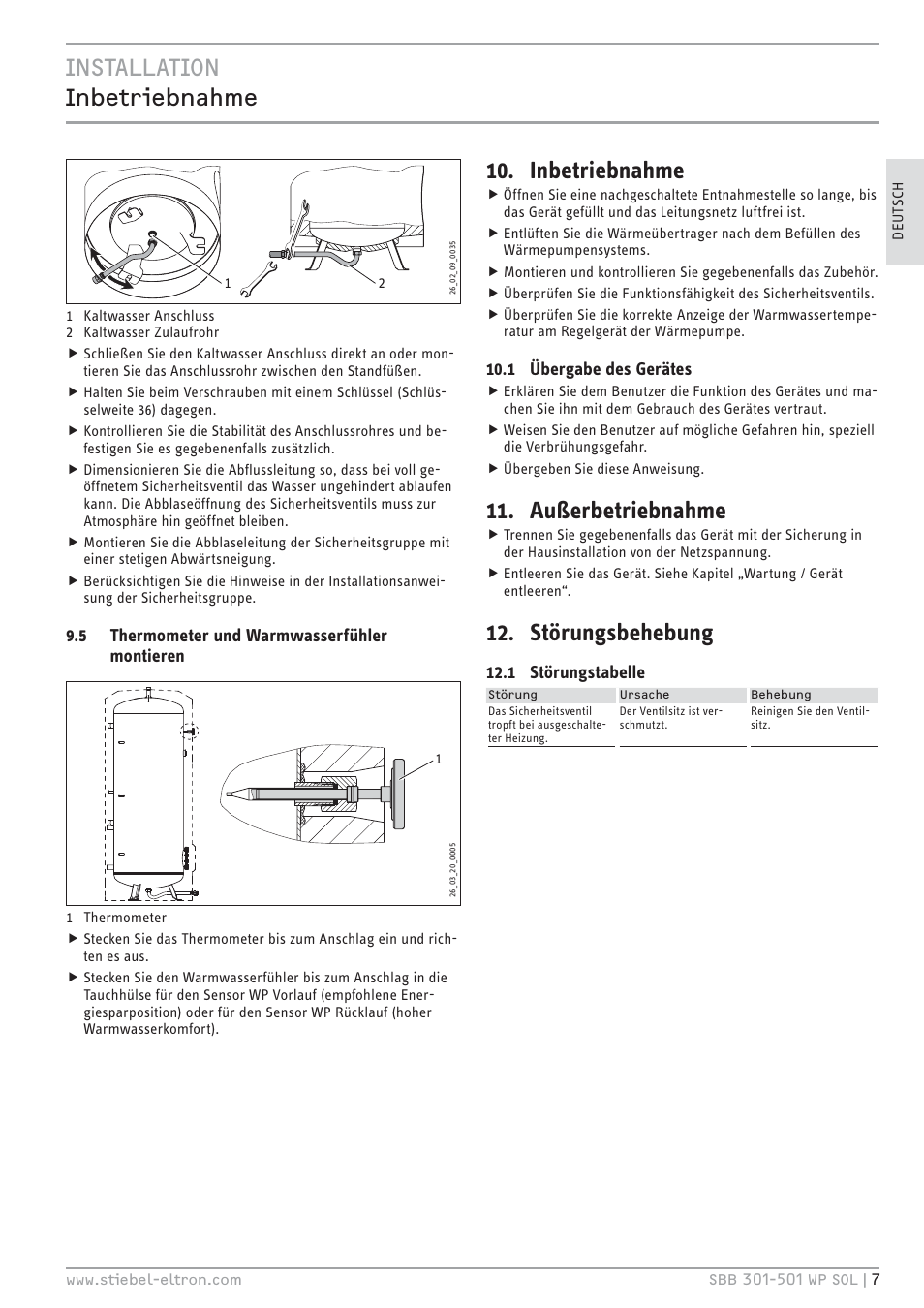 Cz`<<`.hc .ĉ¼œļê¼ĉ|äă, Inbetriebnahme, Außerbetriebnahme | Störungsbehebung, 5 thermometer und warmwasserfühler montieren, 1 übergabe des gerätes, 1 störungstabelle | STIEBEL ELTRON SBB WP SOL с 12.05.2008 User Manual | Page 7 / 80