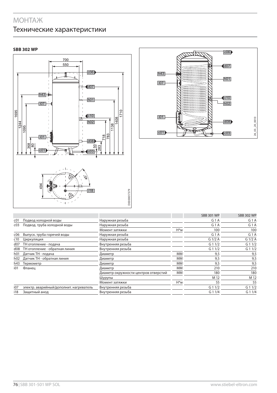 Монтаж технические характеристики, Sbb 302 wp | STIEBEL ELTRON SBB WP SOL с 12.05.2008 User Manual | Page 76 / 80