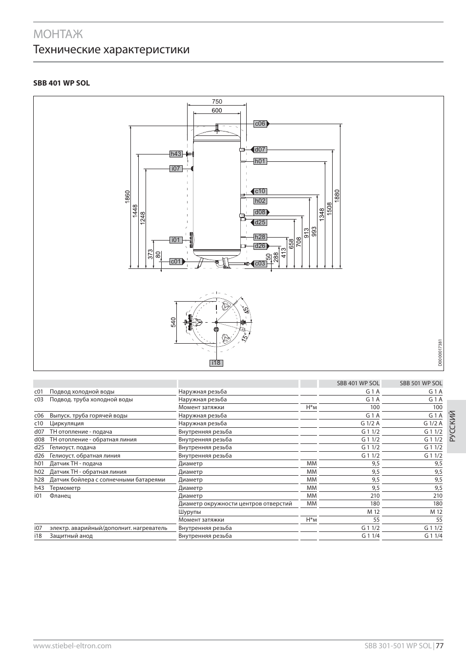 Монтаж технические характеристики, Sbb 401 wp sol | STIEBEL ELTRON SBB WP SOL с 12.05.2008 User Manual | Page 77 / 80