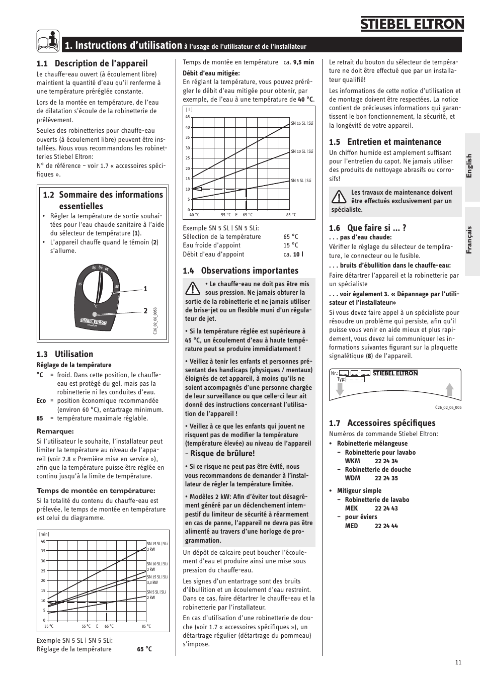 Instructions d’utilisation, 1 description de l’appareil, 2 sommaire des informations essentielles | 3 utilisation, 4 observations importantes, 5 entretien et maintenance, 6 que faire si, 7 accessoires spécifiques, Risque de brûlure | STIEBEL ELTRON SN 5 SL User Manual | Page 11 / 34