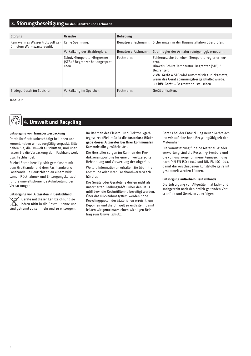 Störungsbeseitigung, Umwelt und recycling | STIEBEL ELTRON SN 5 SL User Manual | Page 6 / 34