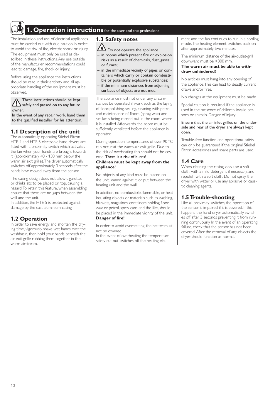 Operation instructions, 1 description of the unit, 2 operation | 4 care, 5 trouble-shooting | STIEBEL ELTRON HTE electronic 5 05.02.2007 - 10.10.2009 User Manual | Page 10 / 32