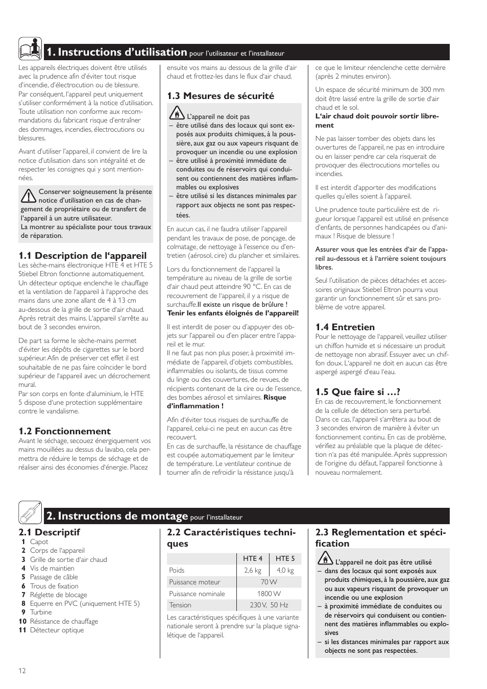 Instructions d’utilisation, Instructions de montage, 1 description de l‘appareil | 2 fonctionnement, 3 mesures de sécurité, 4 entretien, 5 que faire si, 1 descriptif, 2 caractéristiques techni- ques, 3 reglementation et spéci- fication | STIEBEL ELTRON HTE electronic 5 05.02.2007 - 10.10.2009 User Manual | Page 12 / 32