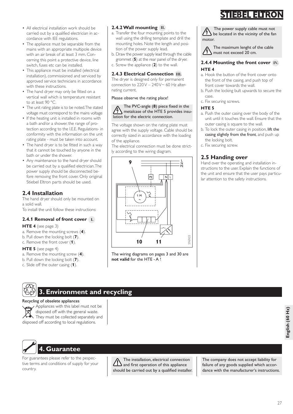 Environment and recycling, Guarantee, 4 installation | 5 handing over | STIEBEL ELTRON HTE electronic 5 05.02.2007 - 10.10.2009 User Manual | Page 27 / 32