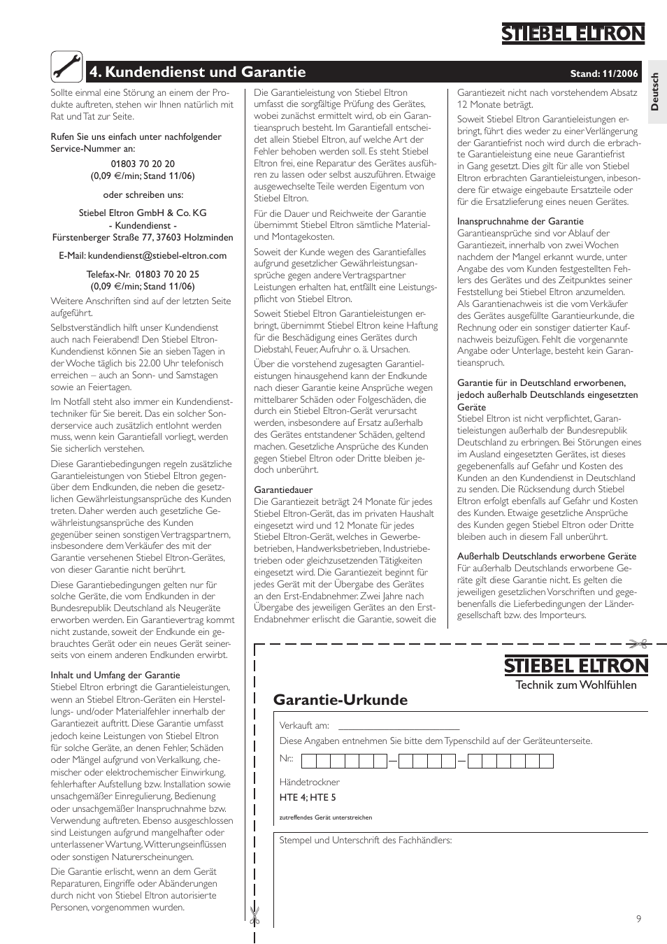 Garantie-urkunde, Kundendienst und garantie | STIEBEL ELTRON HTE electronic 5 05.02.2007 - 10.10.2009 User Manual | Page 9 / 32