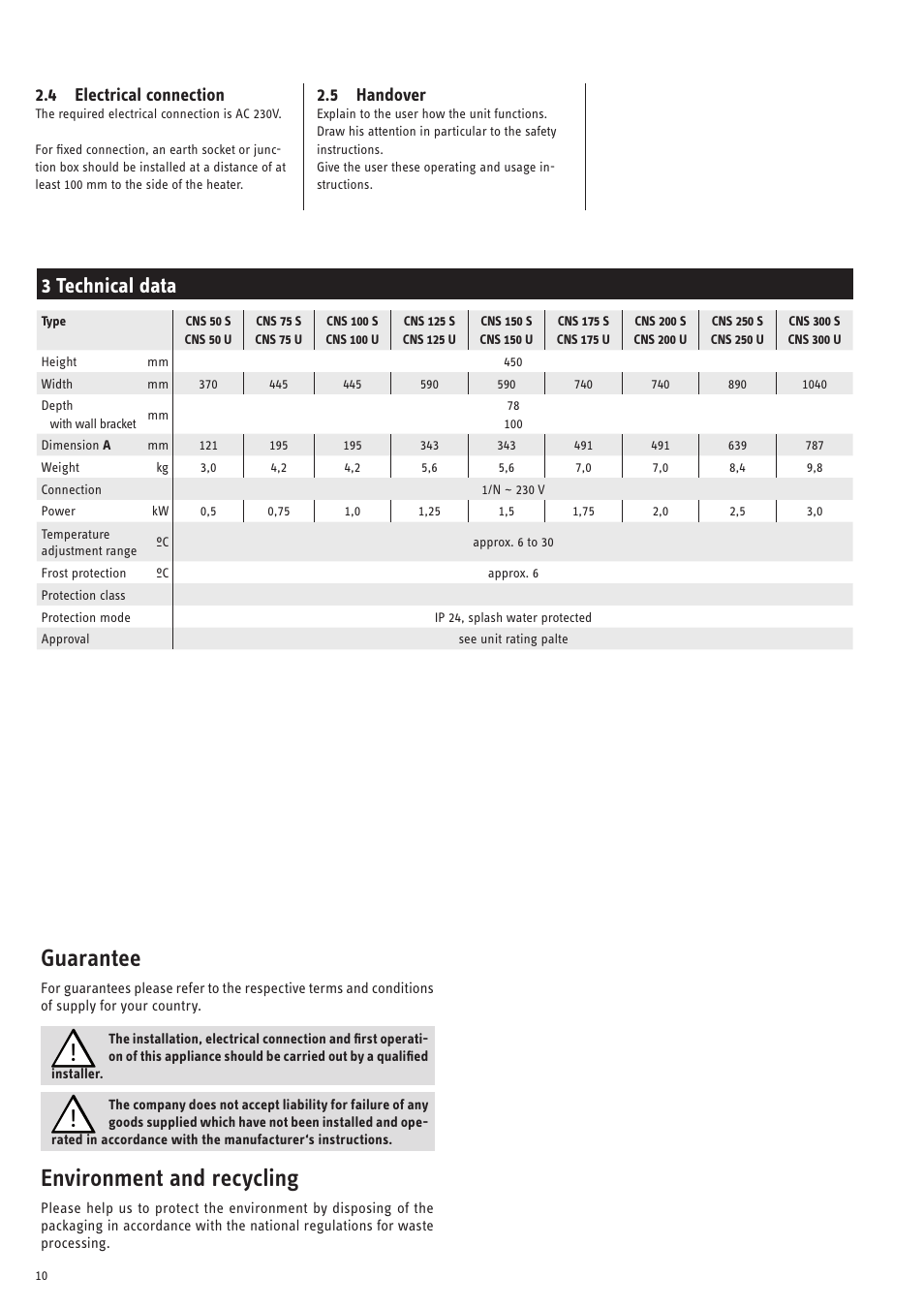 Guarantee, Environment and recycling, 3 technical data | 4 electrical connection, 5 handover | STIEBEL ELTRON CNS 50 S 26.01.2009 - 10.05.2009 User Manual | Page 10 / 34