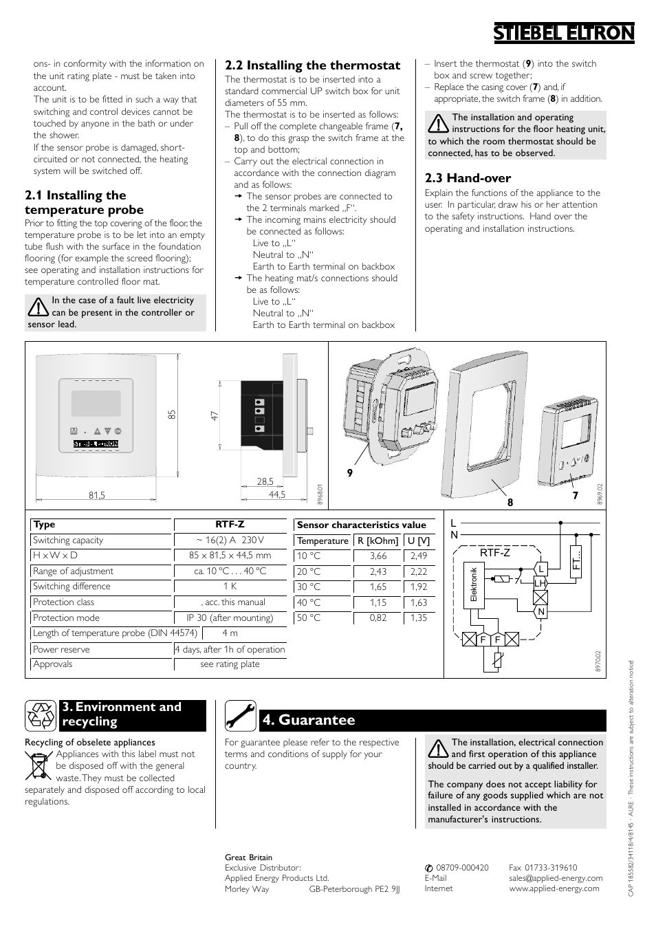 Guarantee, 1 installing the temperature probe, 2 installing the thermostat | Environment and recycling, 3 hand-over | STIEBEL ELTRON RTF Z 13.05.2006 - 28.02.2009 User Manual | Page 10 / 16