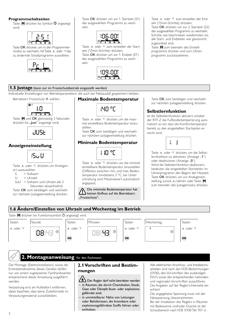 40 °c, Montageanweisung, 5 justage | Anzeigeneinstellung, Maximale bodentemperatur, Minimale bodentemperatur, Selbstlernfunktion, 1 vorschriften und bestim- mungen | STIEBEL ELTRON RTF Z 13.05.2006 - 28.02.2009 User Manual | Page 3 / 16