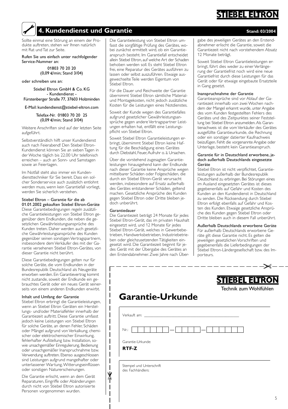 Garantie-urkunde, Kundendienst und garantie | STIEBEL ELTRON RTF Z 13.05.2006 - 28.02.2009 User Manual | Page 5 / 16