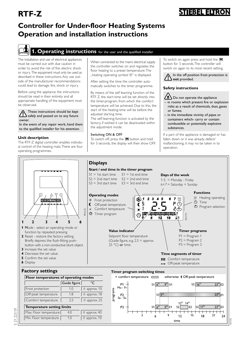 Rtf-z, Operating instructions, P2 p 2 s 1 s 1 | Factory settings, Displays | STIEBEL ELTRON RTF Z 13.05.2006 - 28.02.2009 User Manual | Page 7 / 16