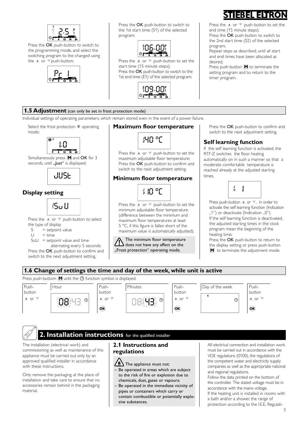 40 °c, Installation instructions, Display setting | Maximum floor temperature, Minimum floor temperature, Self learning function, 5 adjustment, 1 instructions and regulations | STIEBEL ELTRON RTF Z 13.05.2006 - 28.02.2009 User Manual | Page 9 / 16