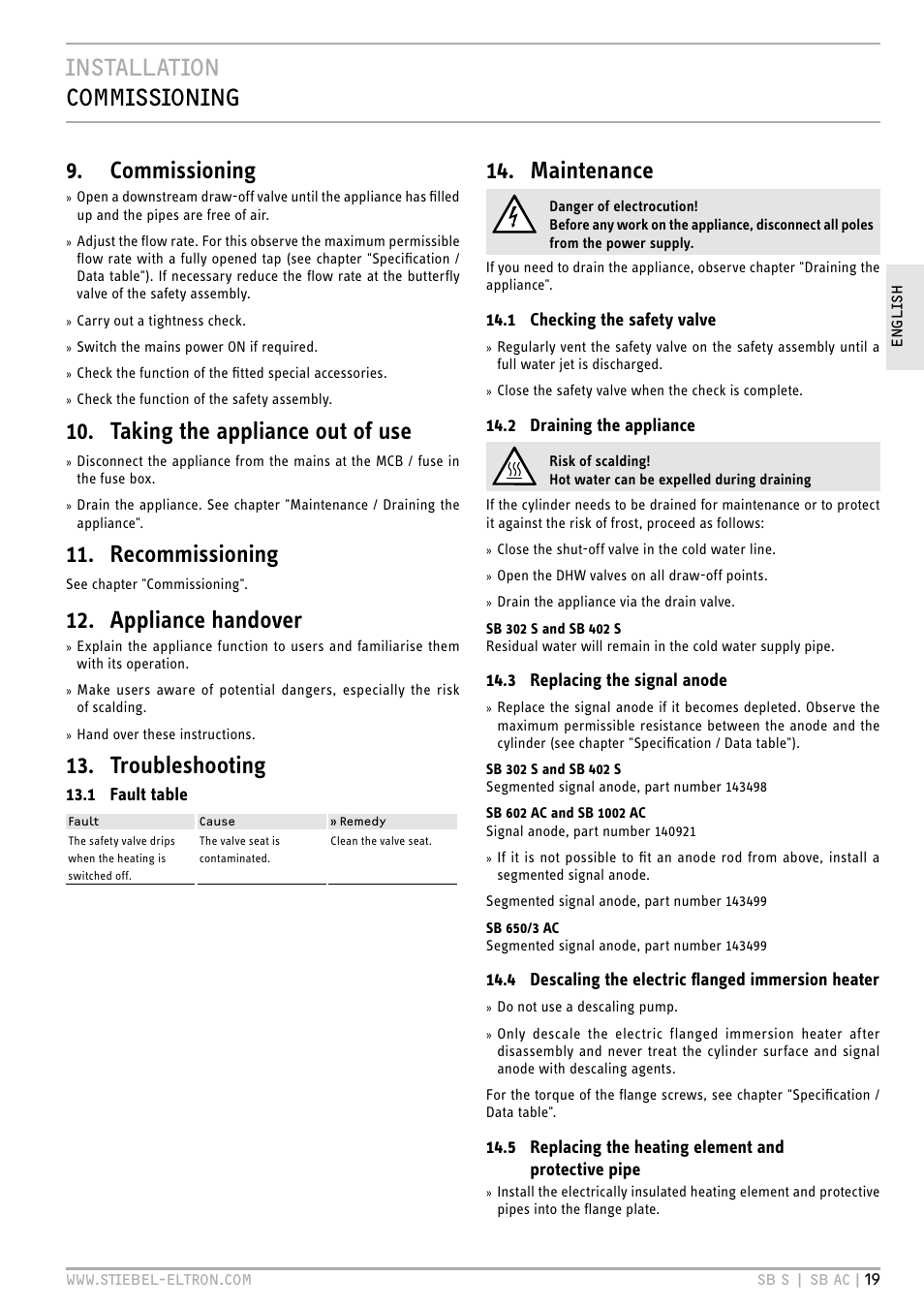 Installation commissioning 9. commissioning, Taking the appliance out of use, Recommissioning | Appliance handover, Troubleshooting, Maintenance | STIEBEL ELTRON SB AC с 08.06.2009 User Manual | Page 19 / 56