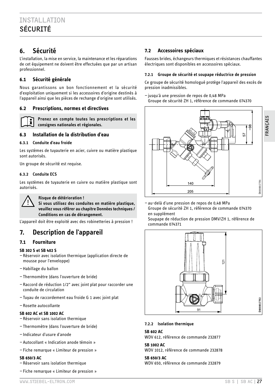 Installation sécurité 6. sécurité, Description de l'appareil, Installation | STIEBEL ELTRON SB AC с 08.06.2009 User Manual | Page 27 / 56