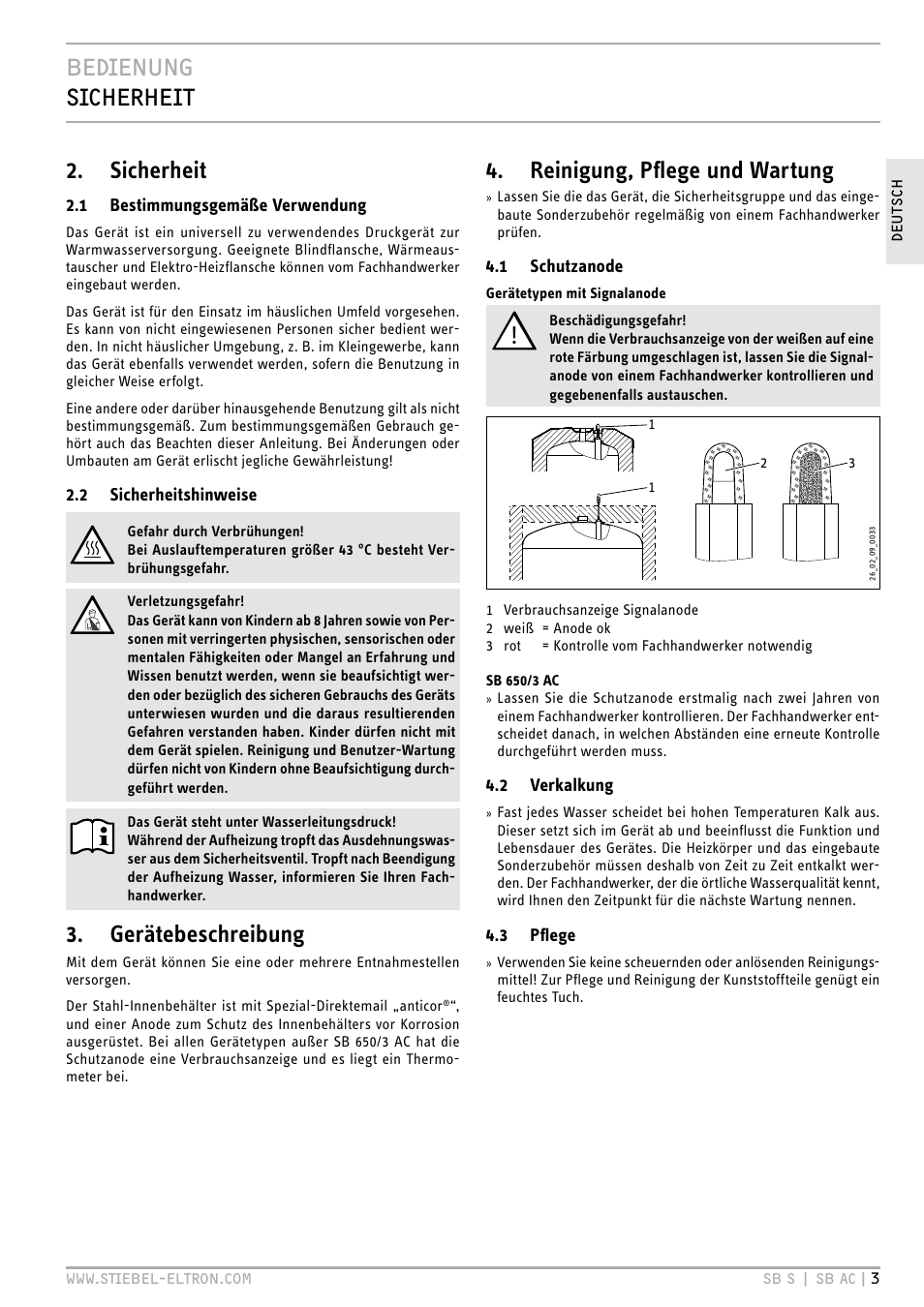 Bedienung sicherheit, Sicherheit, Gerätebeschreibung | Reinigung, pflege und wartung | STIEBEL ELTRON SB AC с 08.06.2009 User Manual | Page 3 / 56