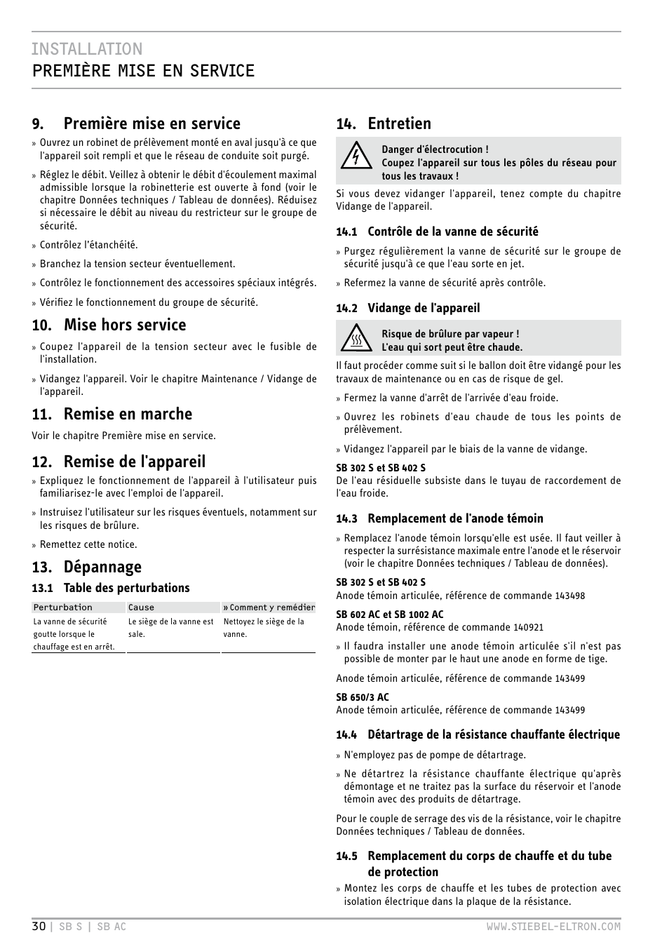 Mise hors service, Remise en marche, Remise de l'appareil | Dépannage, Entretien | STIEBEL ELTRON SB AC с 08.06.2009 User Manual | Page 30 / 56