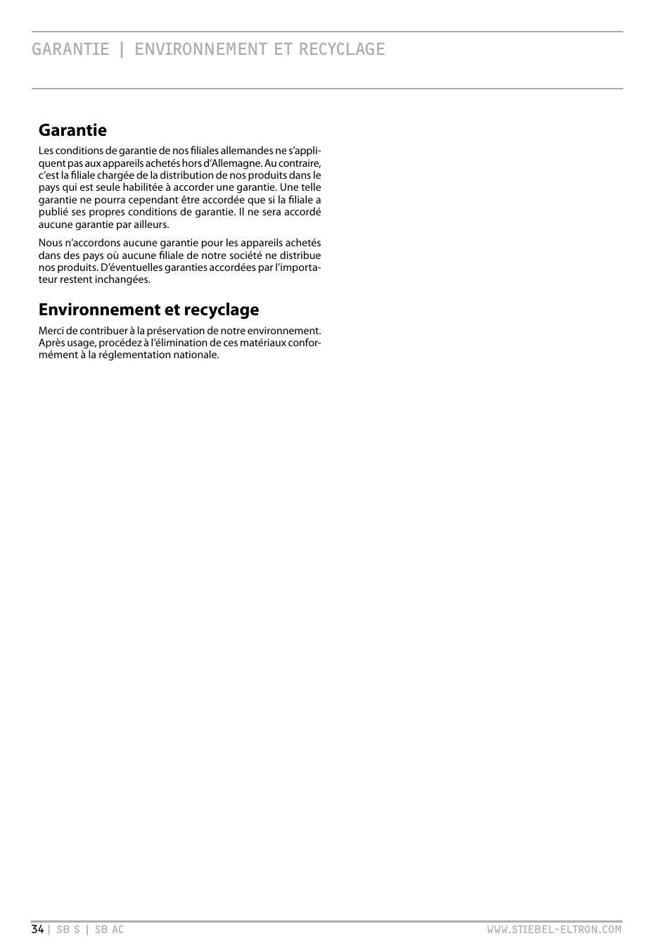 Garantie | environnement et recyclage, Garantie environnement et recyclage garantie, Environnement et recyclage | STIEBEL ELTRON SB AC с 08.06.2009 User Manual | Page 34 / 56