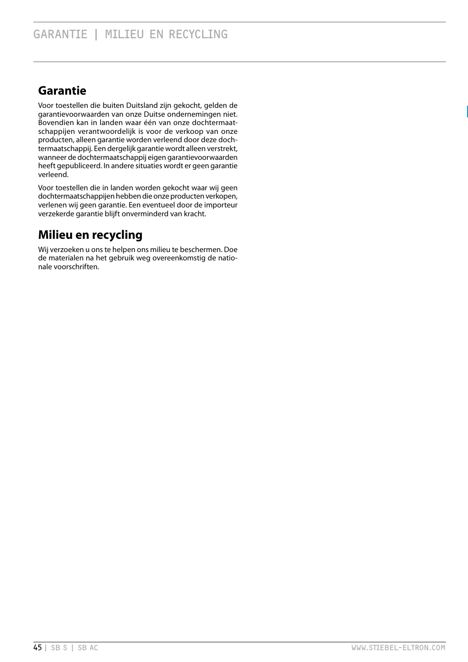 Garantie | milieu en recycling, Garantie milieu en recycling garantie, Milieu en recycling | STIEBEL ELTRON SB AC с 08.06.2009 User Manual | Page 45 / 56