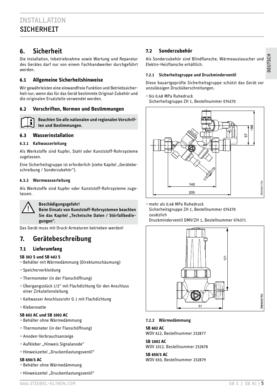 Installation sicherheit 6. sicherheit, Gerätebeschreibung, Installation | STIEBEL ELTRON SB AC с 08.06.2009 User Manual | Page 5 / 56