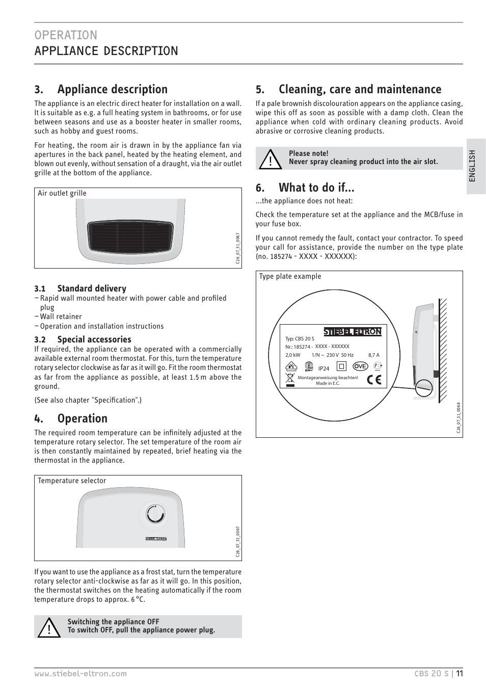 Appliance description, Operation, Cleaning, care and maintenance | What to do if, 1 standard delivery, 2 special accessories | STIEBEL ELTRON CBS 20 S 22.09.2008 - 06.03.2011 User Manual | Page 11 / 52