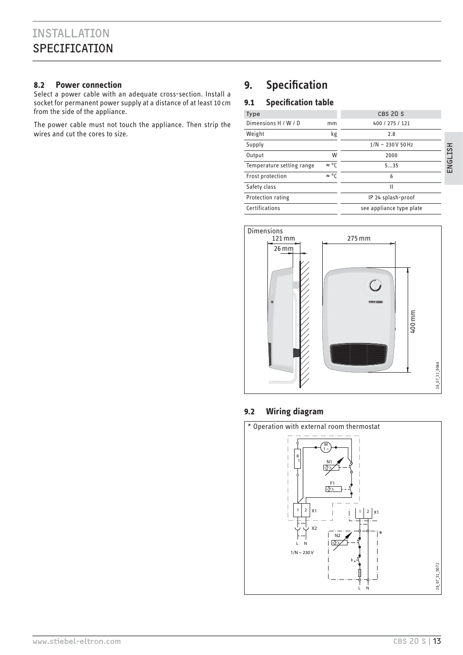 Speciﬁcation, 2 power connection, 1 speciﬁcation table | 2 wiring diagram | STIEBEL ELTRON CBS 20 S 22.09.2008 - 06.03.2011 User Manual | Page 13 / 52