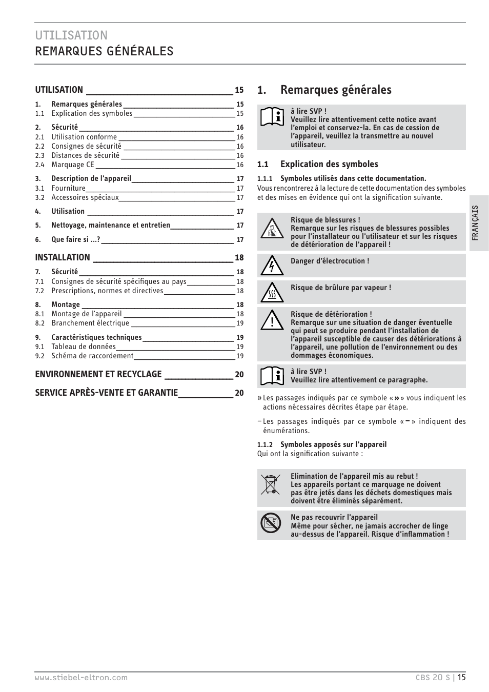 Remarques générales | STIEBEL ELTRON CBS 20 S 22.09.2008 - 06.03.2011 User Manual | Page 15 / 52