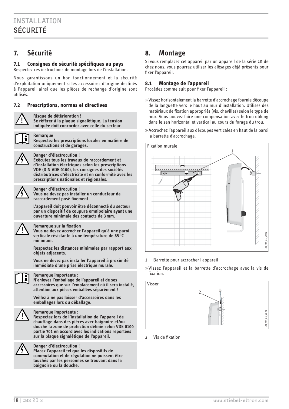 Sécurité, Montage | STIEBEL ELTRON CBS 20 S 22.09.2008 - 06.03.2011 User Manual | Page 18 / 52