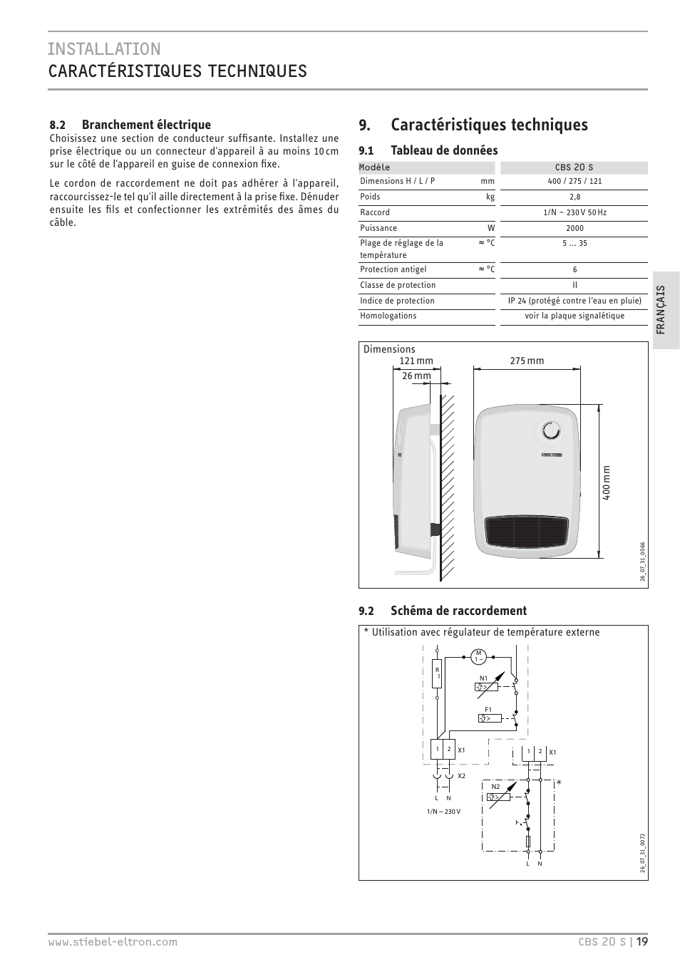 Caractéristiques techniques, 2 branchement électrique, 1 tableau de données | 2 schéma de raccordement | STIEBEL ELTRON CBS 20 S 22.09.2008 - 06.03.2011 User Manual | Page 19 / 52