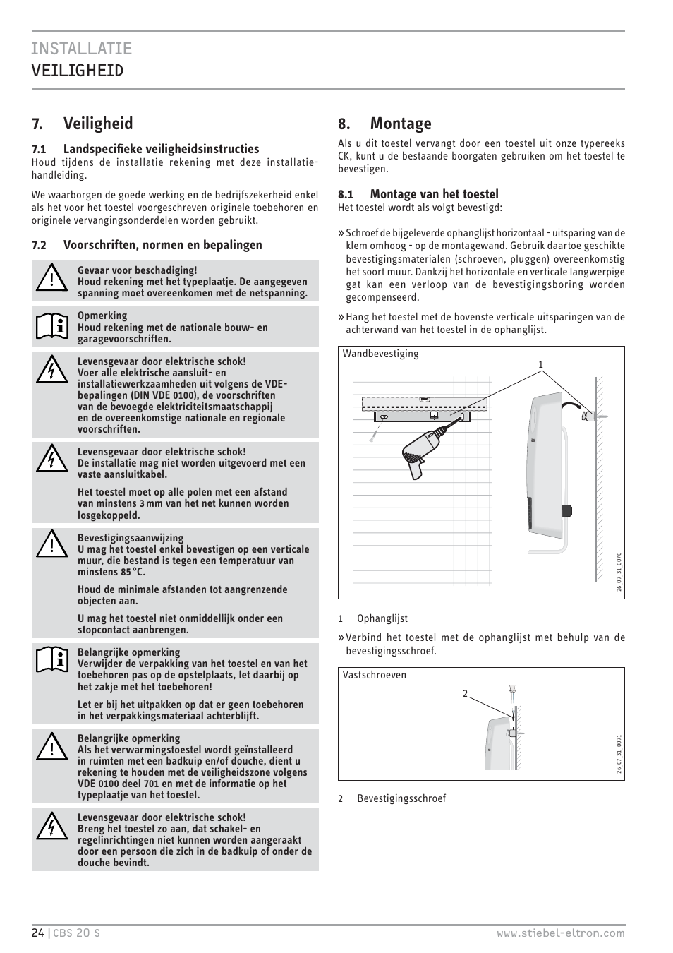 Veiligheid, Montage | STIEBEL ELTRON CBS 20 S 22.09.2008 - 06.03.2011 User Manual | Page 24 / 52